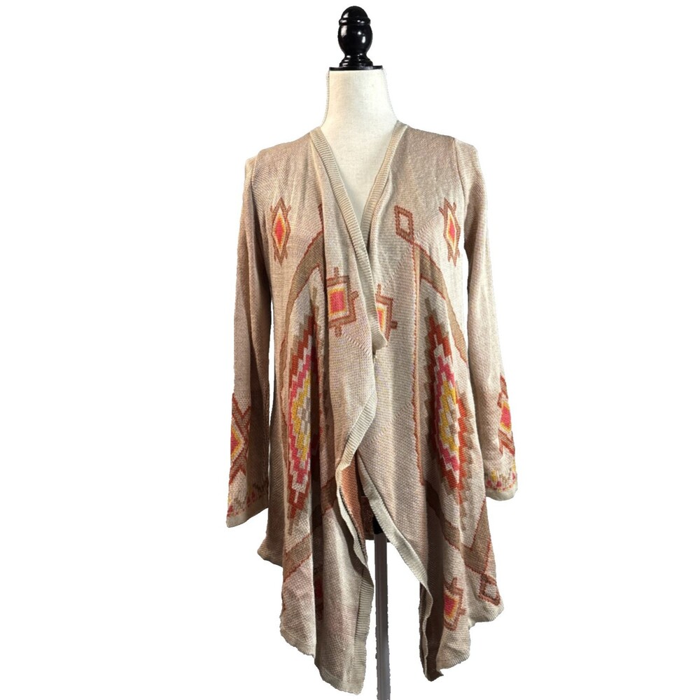 Long‎ Cardigan M Tan Red Orange Aztec Southwestern Open Artsy Earthy Cowgirl
